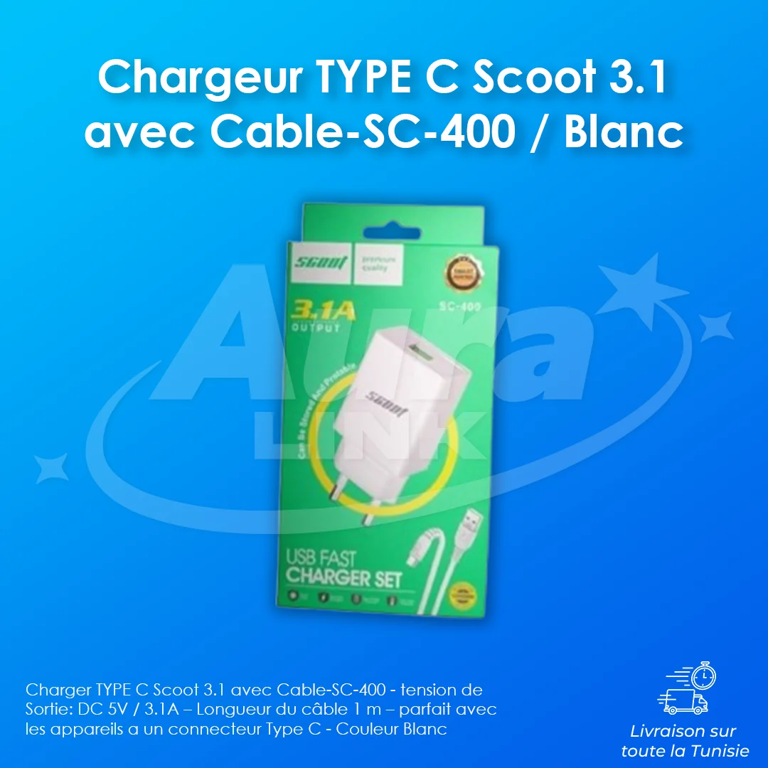 Chargeur TYPE C Scoot 3.1 avec Cable-SC-400 / Blanc